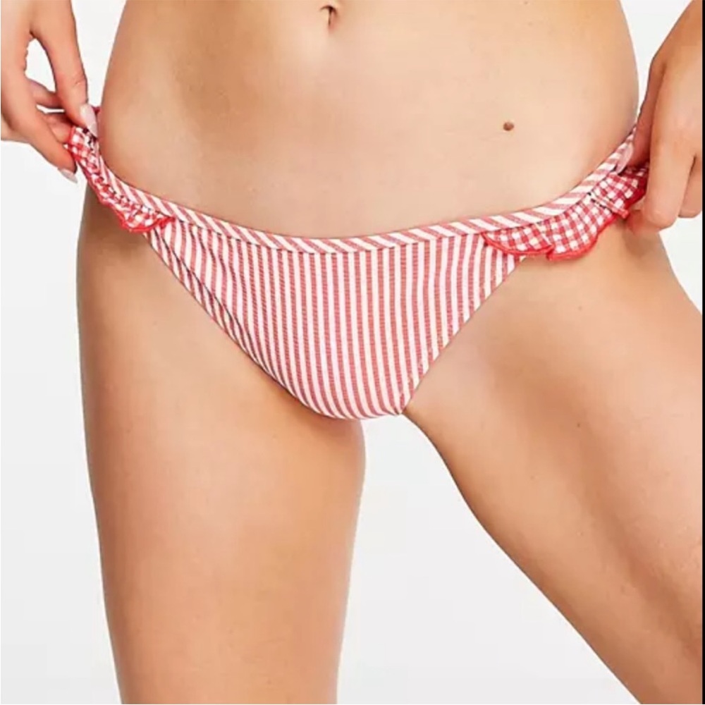 Aerie seersucker gingham red white striped ruffle bikini bottom swim